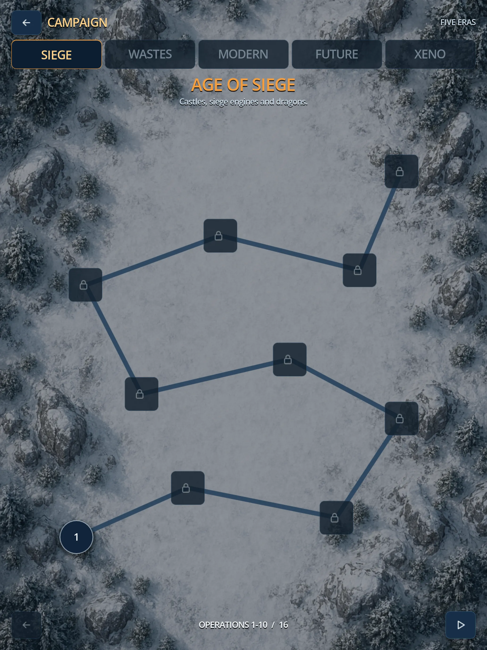 Current Salvo campaign screen showing five era tabs and a ten-operation route