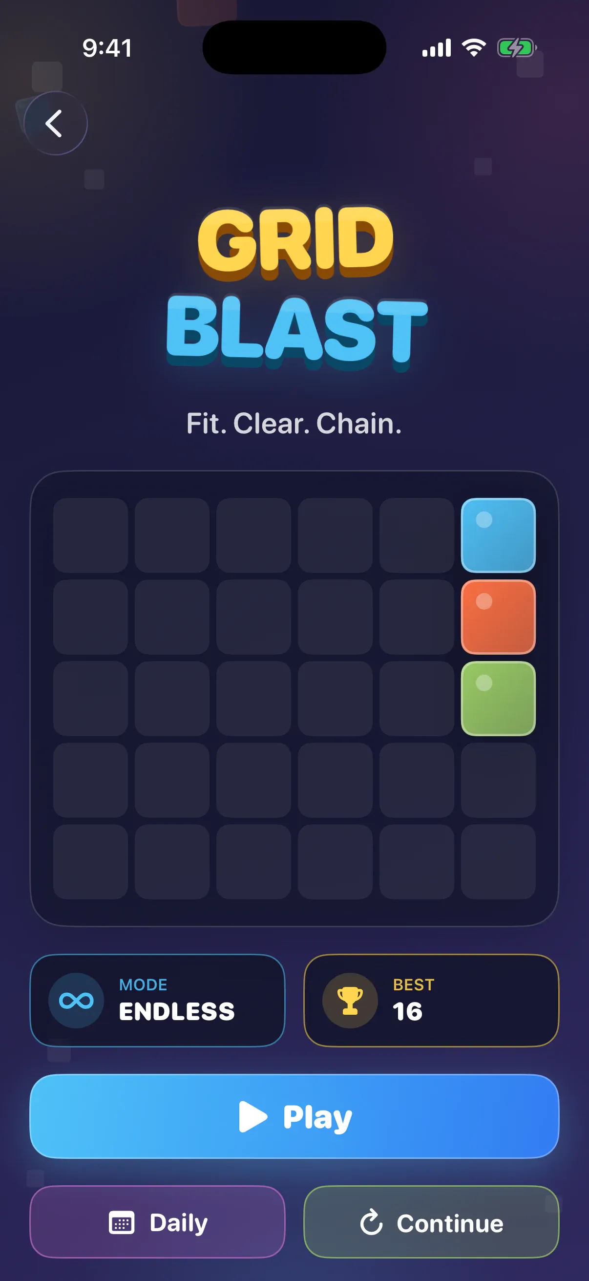 Grid Blast home screen in the Cortex iOS app