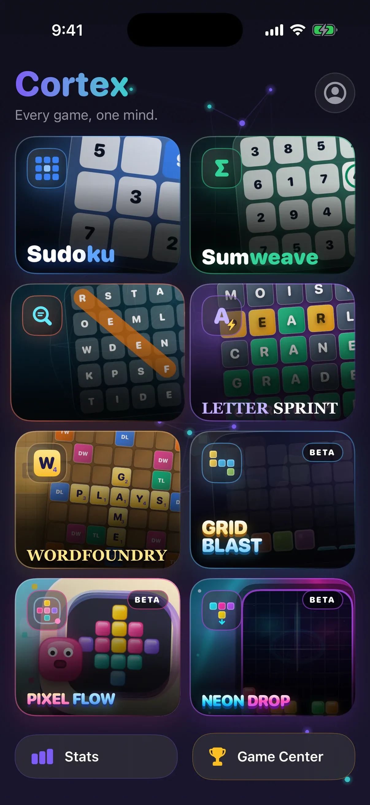 Cortex home screen showing all eight games