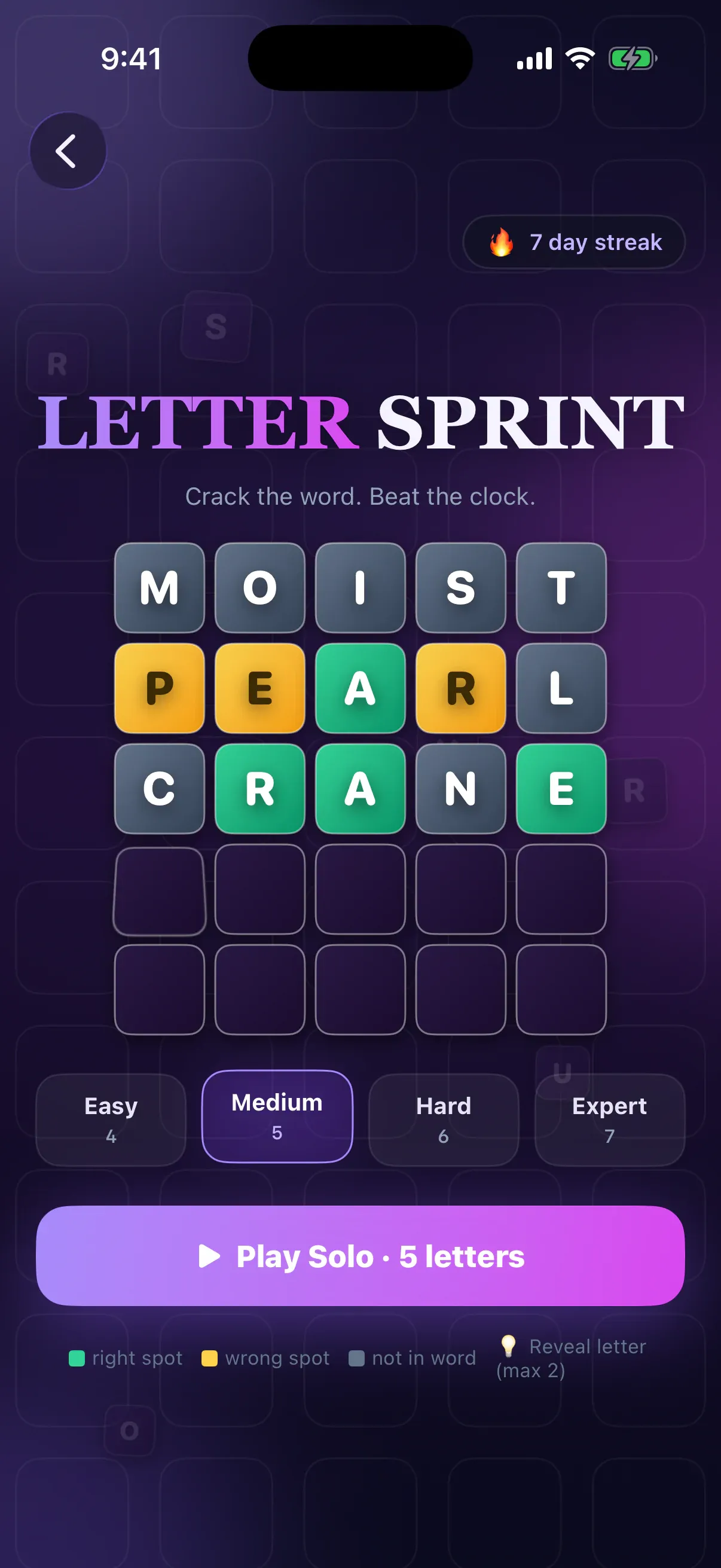 Letter Sprint home screen in the Cortex iOS app