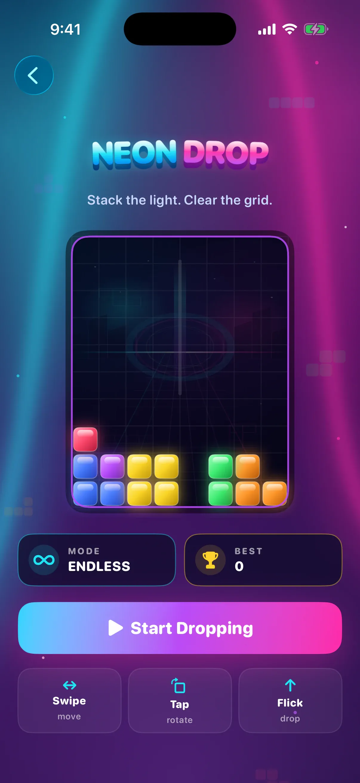 Neon Drop home screen in the Cortex iOS app