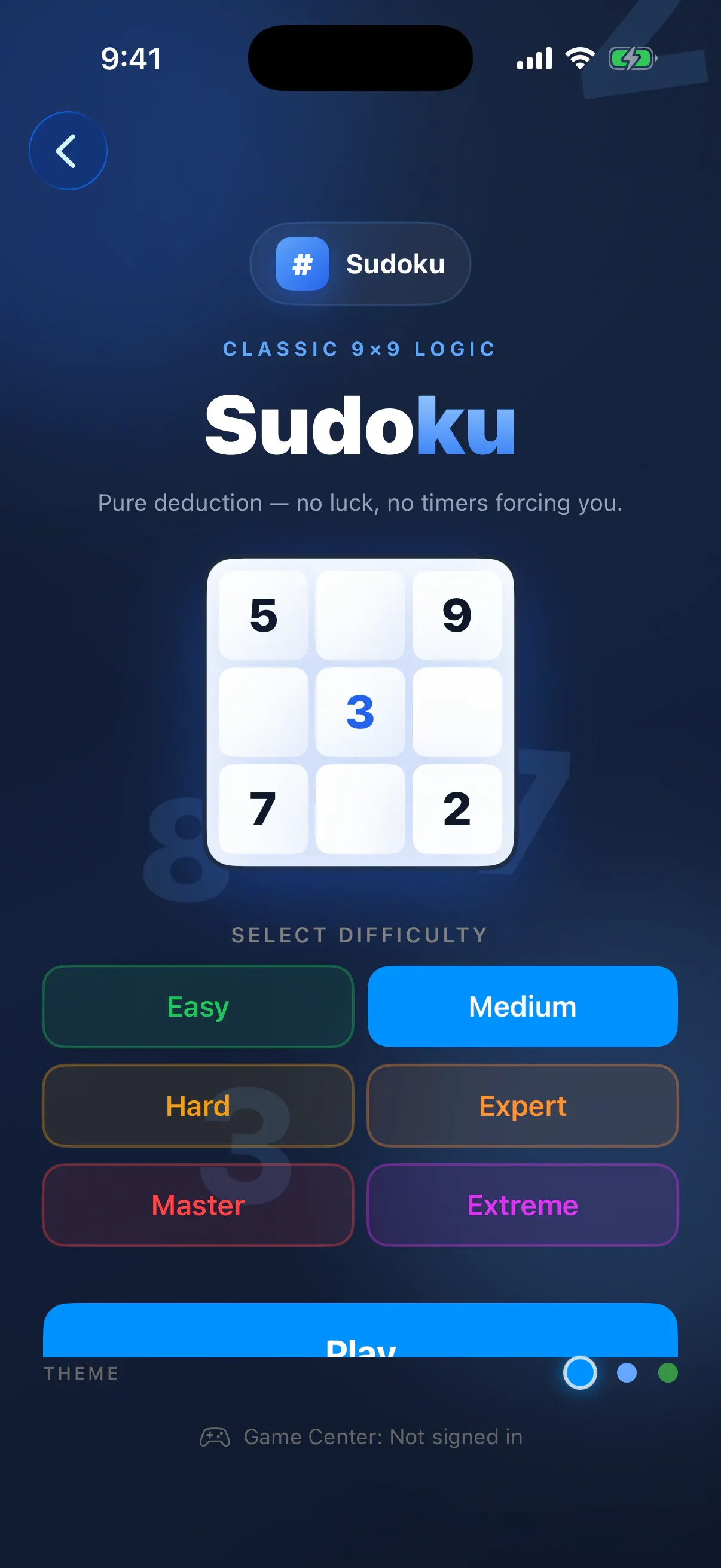 Sudoku home screen in the Cortex iOS app