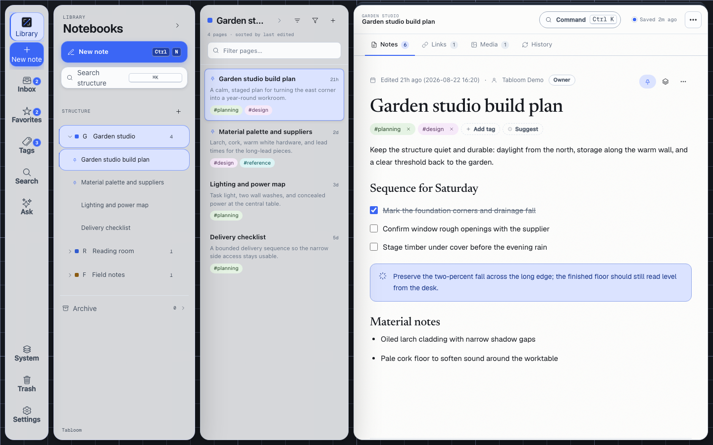 Tabloom editor showing a fictional garden studio build plan