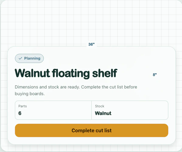 Current Workshop web app showing a walnut shelf plan with its next action, parts count, and stock
